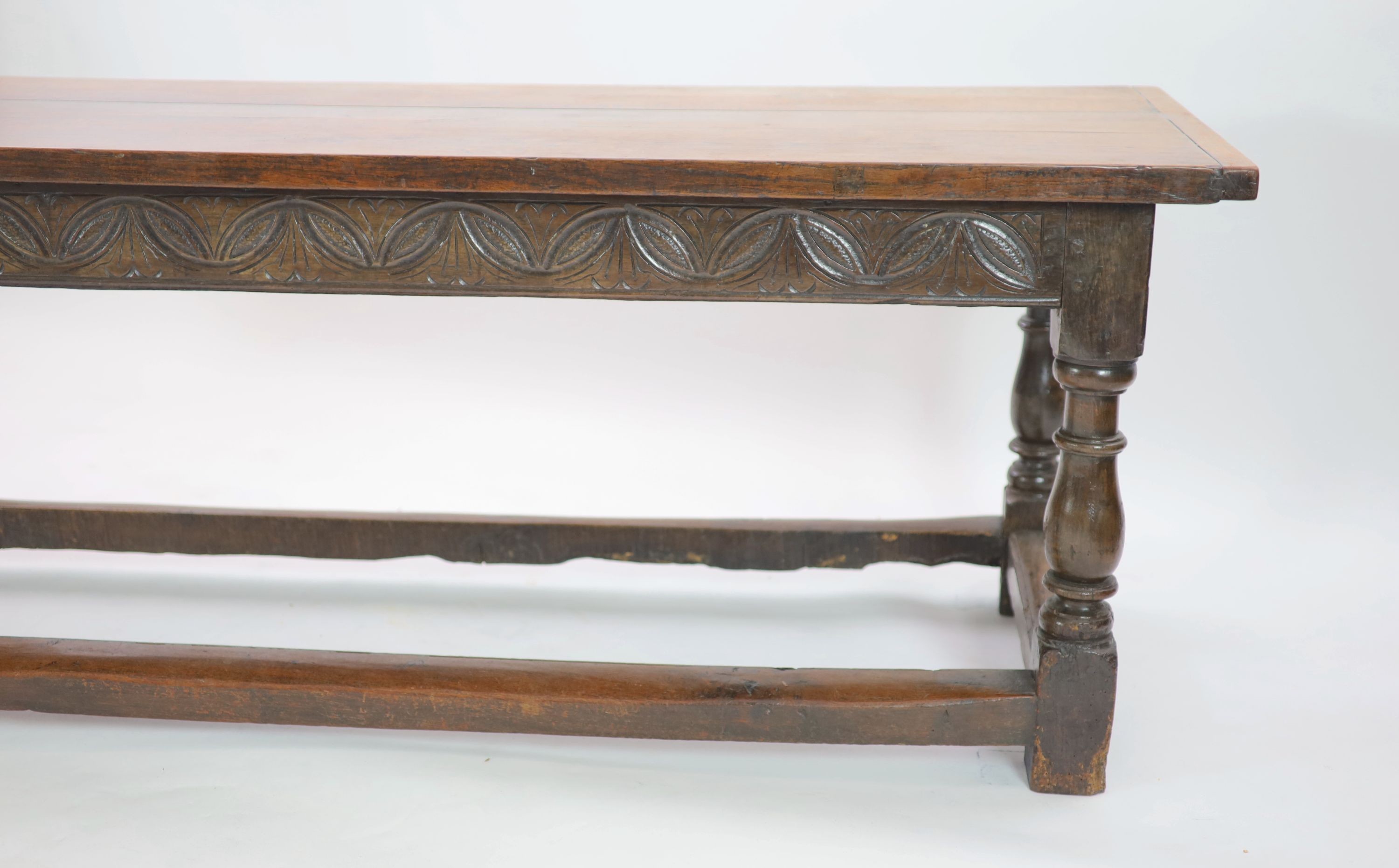 A William III oak refectory table, circa 1690, W.250cm D.76cm H.74cm